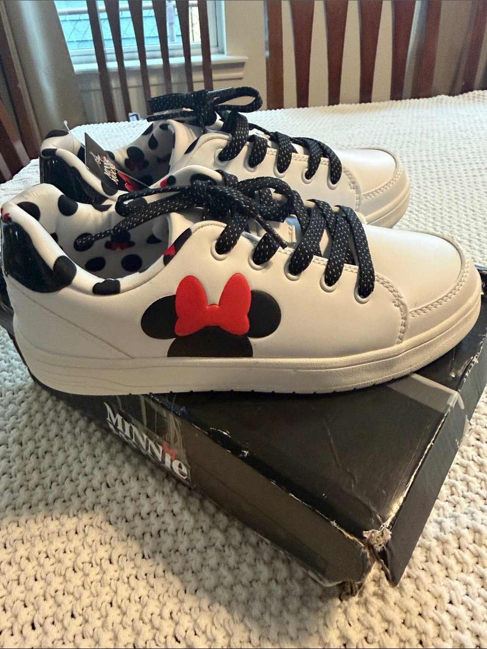 Disney Minnie Mouse White Sneakers with Black Polka Details and Red Bow